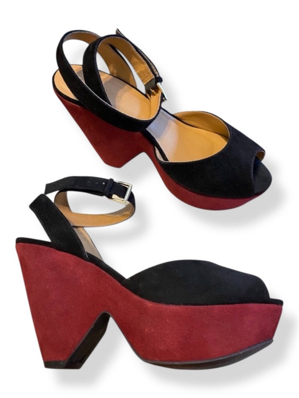 Sandro H12 Abracadabra Suede Platform Sandals Colorblock Graphic Ankle Strap